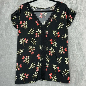 Shein 3X Shirt Top Black Red Floral Flower Cap Short Sleeve V Neck Embroidered